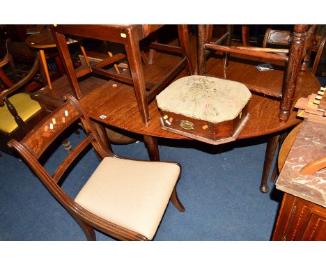 A GEORGIAN MAHOGANY OVAL TOPPED GATE LEG TABLE, on padded legs, together with five various period chairs including a 19th Cen