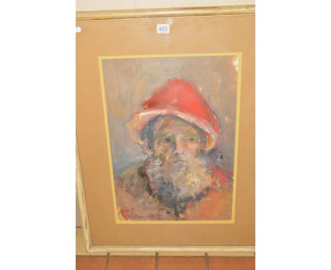 A HEAD AND SHOULDERS PORTRAIT OF AN ELDERLY MAN WEARING A RED HAT, indistinctly signed (Richards ?) bottom left, gouache/wate