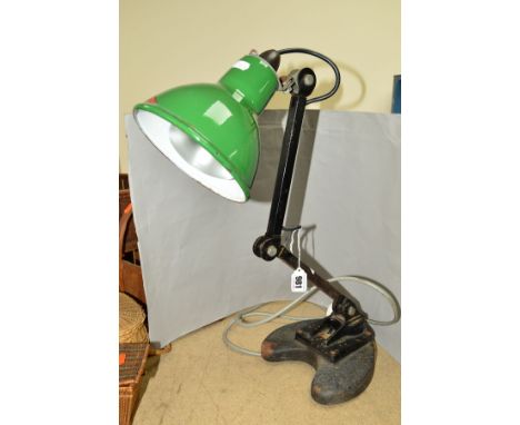 AN ANGLE POISE INDUSTRIAL METAL LAMP BASE, with a refurbished light fitting, not PAT tested