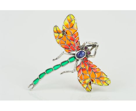 A DRAGONFLY PLIQUE-A-JOUR ENAMEL AND GEM BROOCH/PENDANT, designed with red, orange and yellow enamel wings and green enamel t