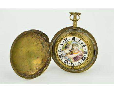 AN EARLY 19TH CENTURY BRASS PAIR CASED FRENCH POCKET WATCH, of circular outline, the hinged case opening to reveal an enamel 