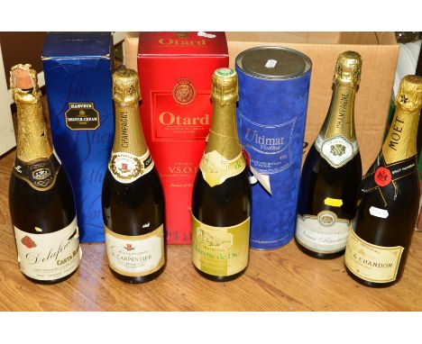 EIGHT BOTTLES COMPRISING OF COGNAC, CHAMPAGNE, SPARKLING WINE, VODKA AND SHERRY, consisting of Otard Cognac, Moet &amp; Chand