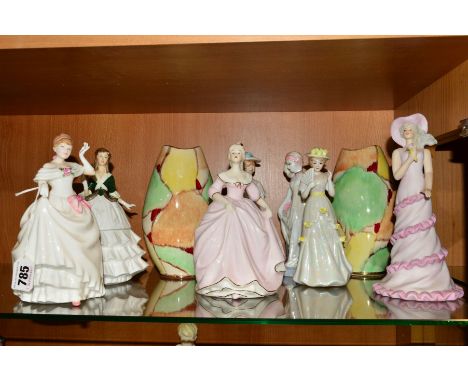 SEVEN VARIOUS FIGURINES AND A PAIR OF GERMAN VASES (sd), to include Royal Doulton 'Dawn' HN3600 and Royal Worcester 'Debutant