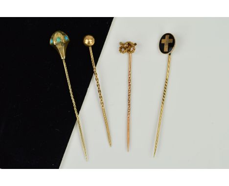 FOUR LATE 19TH TO EARLY 20TH CENTURY STICKPINS, rope twist knot design, faceted sphere, oval enamel panel with centre cross a