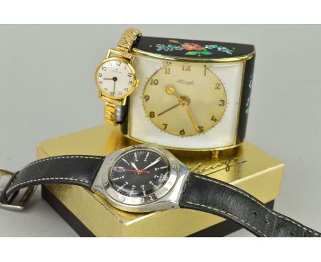TWO WRISTWATCHES AND A KIENZLE DESK CLOCK, to include a rolled gold bracelet mechanical Hamilton watch, with silver numbered 