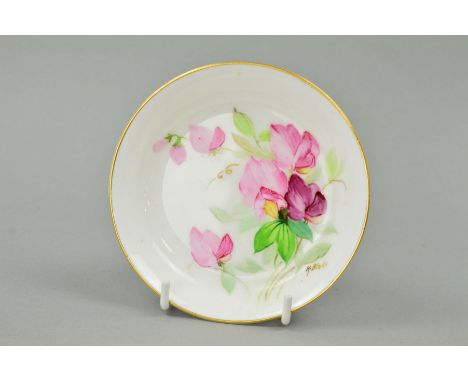 A ROYAL WORCESTER KITTY BLAKE SIGNED TRINKET DISH, floral design, diameter 11.5cm