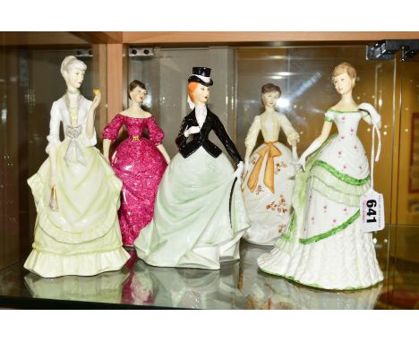 FIVE ROYAL WORCESTER FIGURINES, 'Belle of the Ball', 'Fragrance', 'Equestrienne', 'Charity' and another lady in pink dress (5