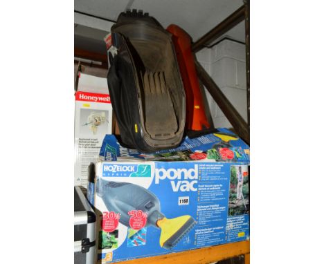 A QUANTITY OF GARDEN TOOLS, to include a Flymo garden vac, Bosch garden strimmer, Hozelock pond vac, a garden fork, slim spad