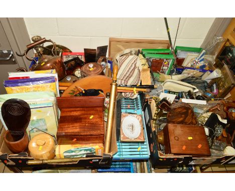 FOUR BOXES AND LOOSE SUNDRY ITEMS, to include fishing rod, reels (Penn No85, Daiwa, A&amp;W McCathy), work boxes, new Semco c