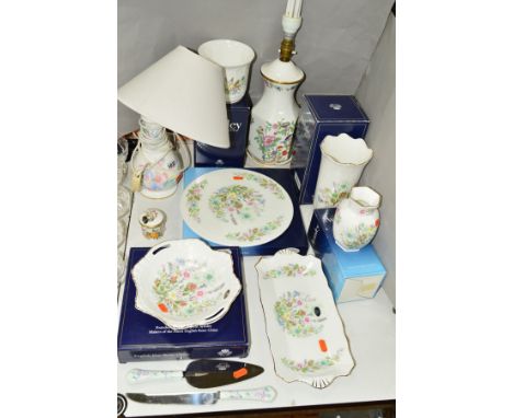 AYNSLEY CERAMICS to include boxed 'Wild Tudor' cake plate, trays, vases and jardiniere, together with 'Pembroke' table lamp a