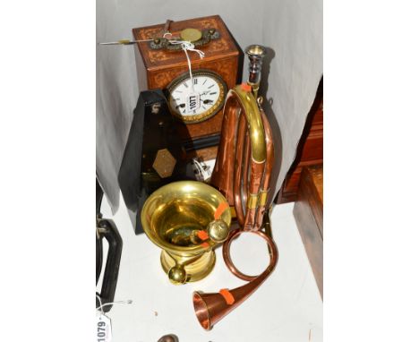 HENRY MARC, PARIS, an inlaid oak cased mantel clock, (key and pendulum), a Maelzel metronome, a Harrods Ltd copper and brass 