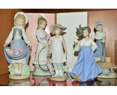 FIVE NAO FIGURES, boxed Girl with Umbrella, Girl with Hoop and Dog (hoop broken), Girl with Flowers in her Skirt, Girl with W