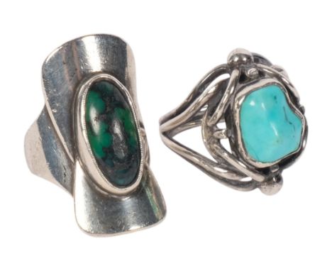 2 Danish modernist sterling silver stone set rings, sized K and O, 28.2g total (2)