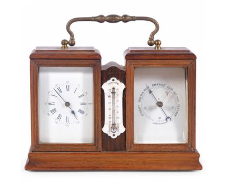 A French mahogany-cased travelling clock, with barometer and thermometer, with brass carrying handle, W19cm