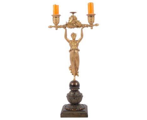 A 19th century gilt-bronze Classical figural twin-branch candelabra, 38cm