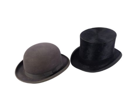 An Antique black top hat, by R W Forsyth, and a black bowler hat, by Dunn &amp; Co (2)