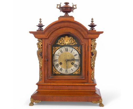 An Edwardian mahogany 8-day mantel clock, by Junghans, 8" brass arch-top dial, with silvered Roman numeral chapter ring, with