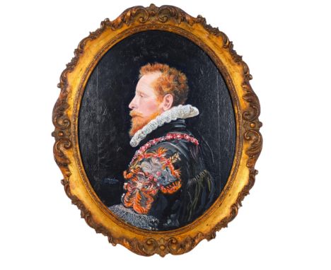 Clive Fredriksson, oil on wood panel, an oval portrait of a Dutch nobleman, diameter 50cm, framed
