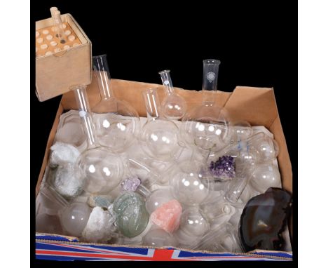 A quantity of Vintage scientific laboratory glass flasks, gemstone samples, etc