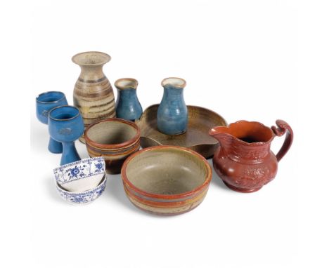 A group of Studio pottery, including a banded vase, 25.5cm, painted bowls, a Victorian Staffordshire hunting scene jug, etc