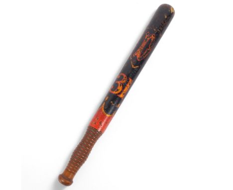 An Antique Victorian? painted wood policeman's truncheon, with hand painted and gilded D within shield cartouche above number