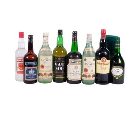 A bottle of VAT 69 Scotch Whisky, Cherry Heering, 2 bottles of Bacardi, Vodka, Dry Sack Sherry, etc (8)