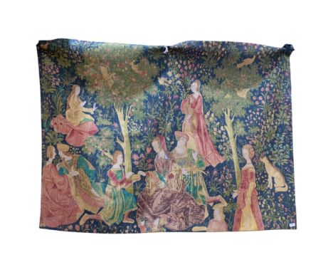 A 1978 machined French tapestry, "Medieval Scene Galante", W180cm