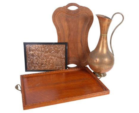 A Vintage St Dunstans oak tea tray, an Eastern tea tray, an Indian copper plaque, 24.5cm x 35cm, and a tall copper jug