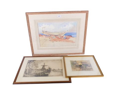 D W Morrison, watercolour on Fabriano paper, "Japanese Fishermen", painted on the beach in Tokyo Bay, signed and dated 1953, 
