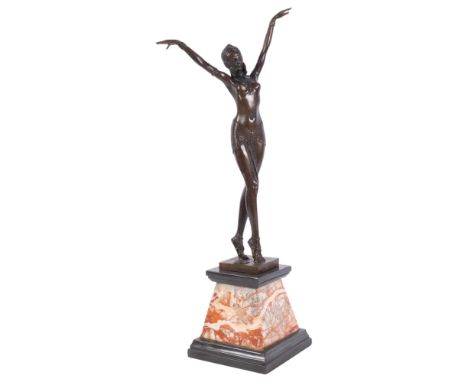 After Chiparis, Art Deco bronze dancing girl on coloured marble plinth, H56cm