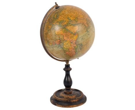 A Vintage Geographia 8" terrestrial globe, on turned wood stand with brass mount, H38cm overall
