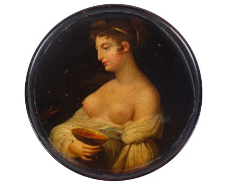 A Victorian black lacquered papier mache circular box and cover, printed panel top depicting a semi-nude maiden holding a cha