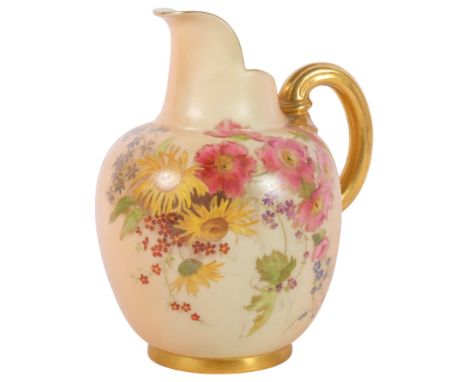 A Royal Worcester Blush Ivory flat-back jug, with hand painted floral decoration, pattern no. 1094, H19cmGood overall conditi