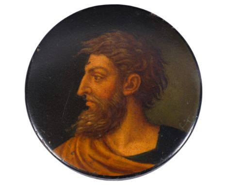 A Victorian black lacquered papier mache circular box and cover, the decorated printed top depicting a portrait of a bearded 
