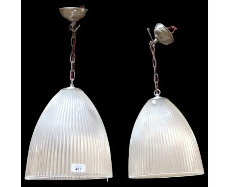 A pair of moulded glass hanging ceiling light fittings, shade H35cm, D27cm