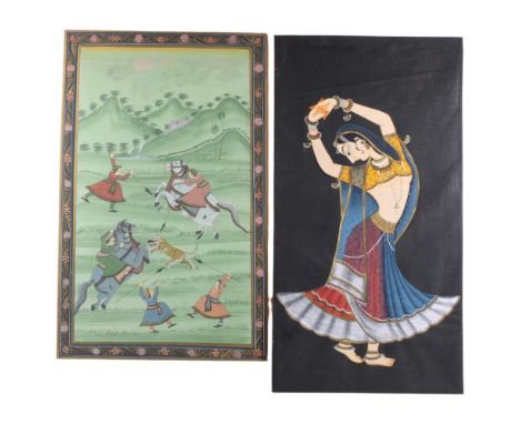 A Mughal painting on silk panel, hunting scene, a Mughal print depicting a village scene, a study of a dancer, and an embroid