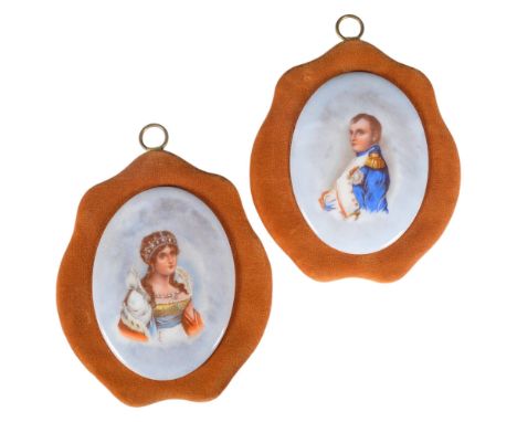 A pair of Vintage printed and painted ceramic portrait plaques, depicting Napoleon and Josephine, H12cm, mounted on wall plaq