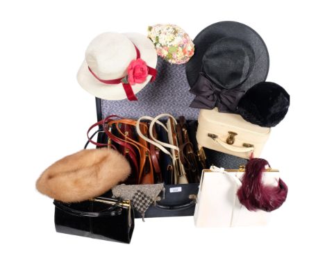 Assorted Vintage lady's handbags, hats, evening purse, vanity case, etc