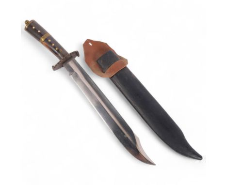 A Vintage horn and bone-handled hunting knife, with leather scabbard, blade length 26cm