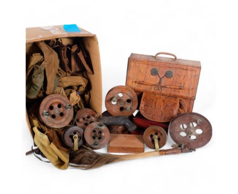 Various collectables, including Victorian leather pistol case, miniature riding crop, Vintage fishing reels, snakeskin briefc