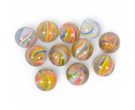A collection of various lattice and swirl coloured marbles, with pontil marks
