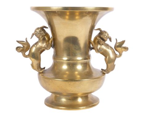 A large Chinese polished bronze baluster vase/incense burner, with dog of fo handles, H29cm
