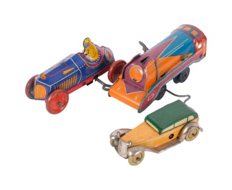 3 Vintage tinplate wind-up toys including a racing car, a train engine and a model of a Duessenberg (3)