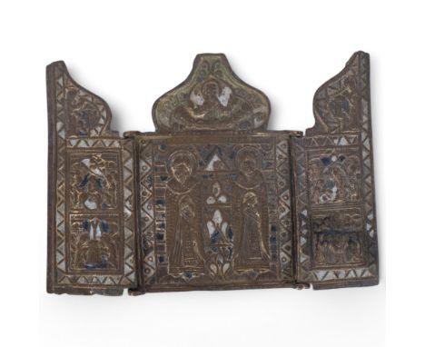 A small Russian travelling bronze 3-fold triptych, with some remains of the original enamelling, H11cm, W15cm