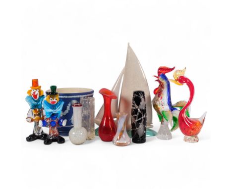 2 Murano style glass clowns, tallest 25cm, glass vases and cockerels, a Poole Pottery yacht, and a Wedgwood Jasperware pot, b