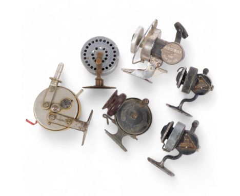 6 Vintage fishing reels, including Allcock-Stanley reel, Grice &amp; Young Ltd Jecta Orlando, Ashaway Surf Slip-Caster, etc (
