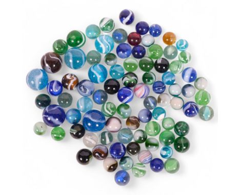 A collection of various Vintage marbles, including Yasuda transitional cobalt blue, agate/slag glass marbles, etc