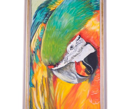 Clive Fredriksson, oil on wood panel, a study of a parrot, 105cm x 50cm