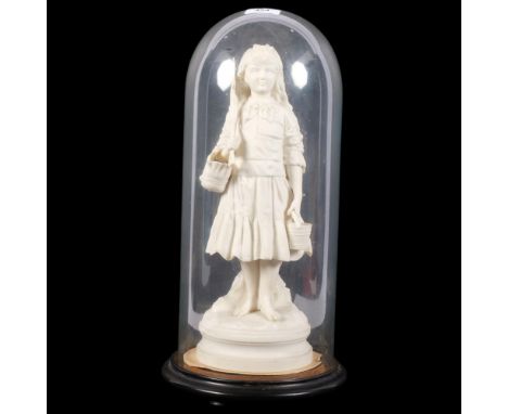A Parian Ware bisque porcelain figure, girl holding a spade and bucket, on ebonised stand under glass dome, overall 44cm
