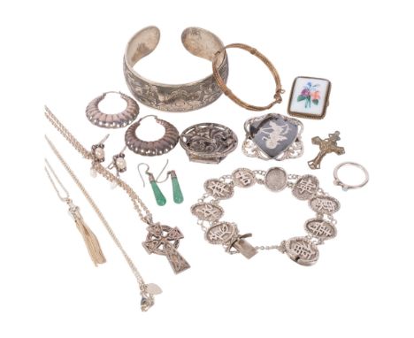 Various silver jewellery, including cuff bangle, Chinese character mark panel bracelet, earrings, etc